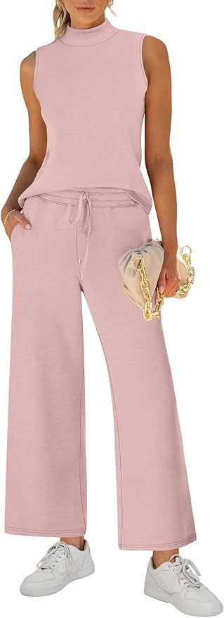 ANRABESS Women 2 Piece Outfits Summer Lounge Sets Mock Neck Top Wide Leg Pants Casual Fashion Tra... | Amazon (US)