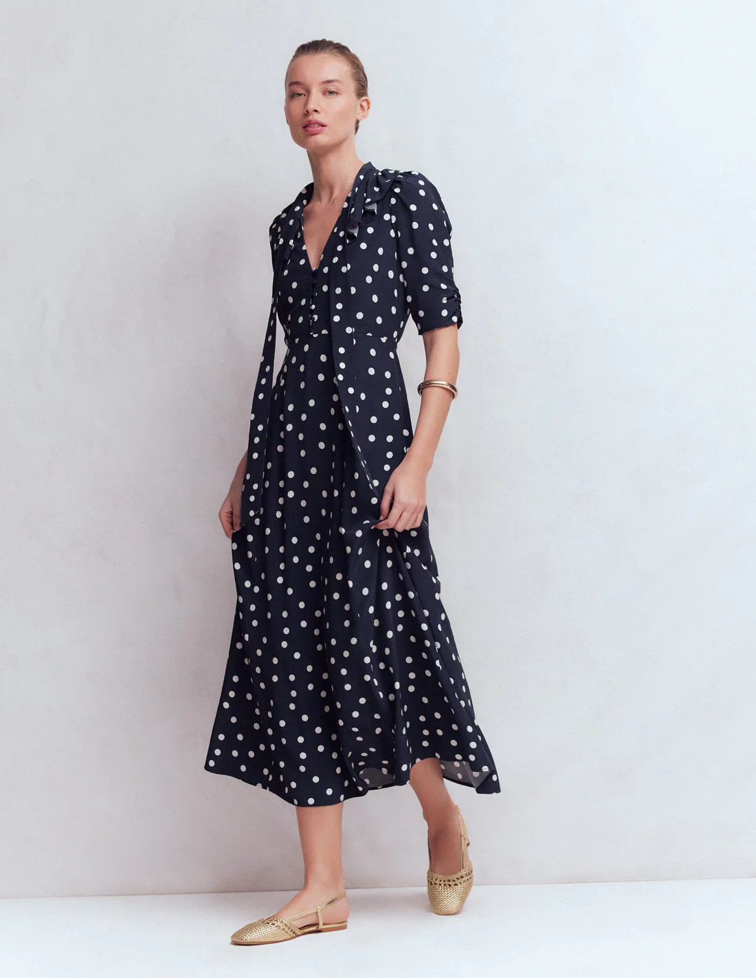 Ruffle Collar Midi Dress-French Navy Painted Spaced Dot | Boden (US)