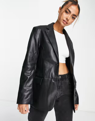 Monki oversized blazer in black faux leather | ASOS (Global)