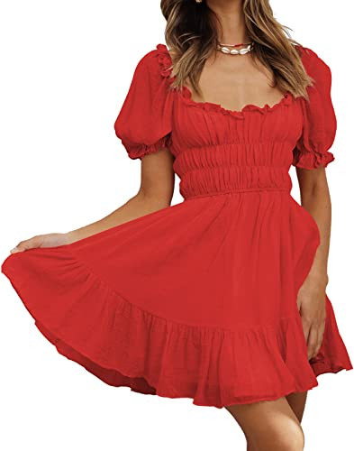 MIYIEONZ Women's Square Neck Short Puff Sleeve Dresses Ruffle Elastic Waist Summer Casual Flowy Cute Sundress Mini Dress Red | Amazon (US)