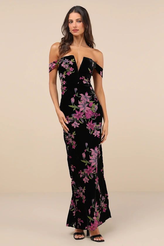 Black Burnout Velvet Off-the-Shoulder Maxi Dress | Black Floral Dress | Black Dress Outfit  | Lulus