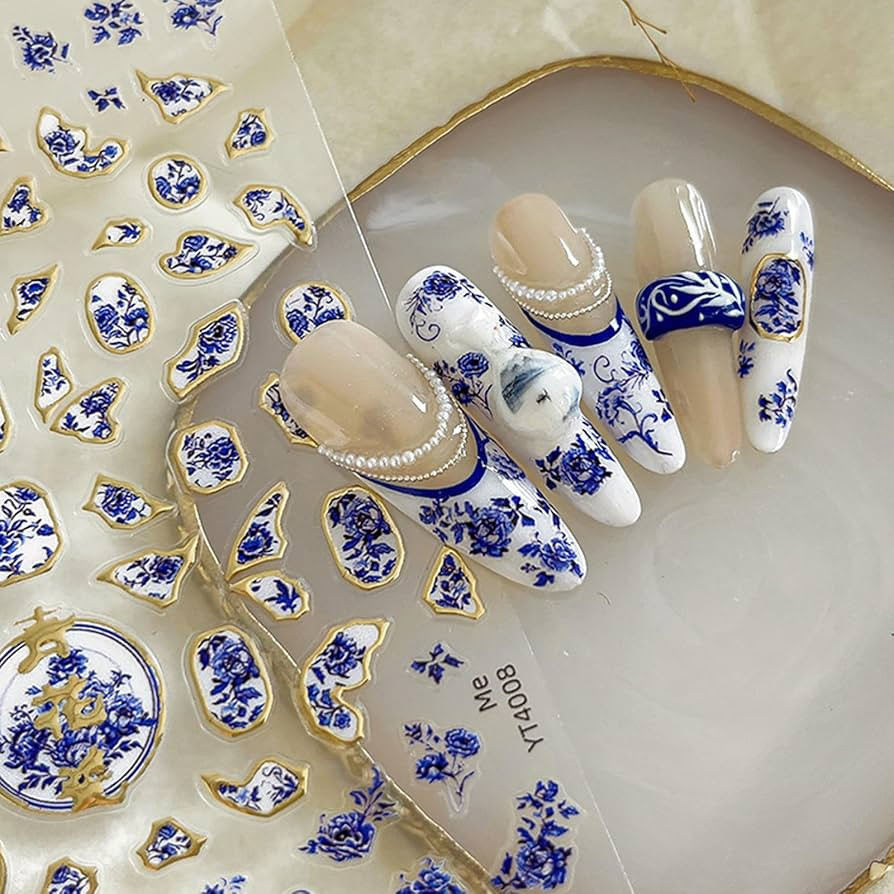 Blue Flower Nail Art Stickers Blue and White Porcelain Nail Decals Self-Adhesive Bronzing Nail St... | Amazon (US)