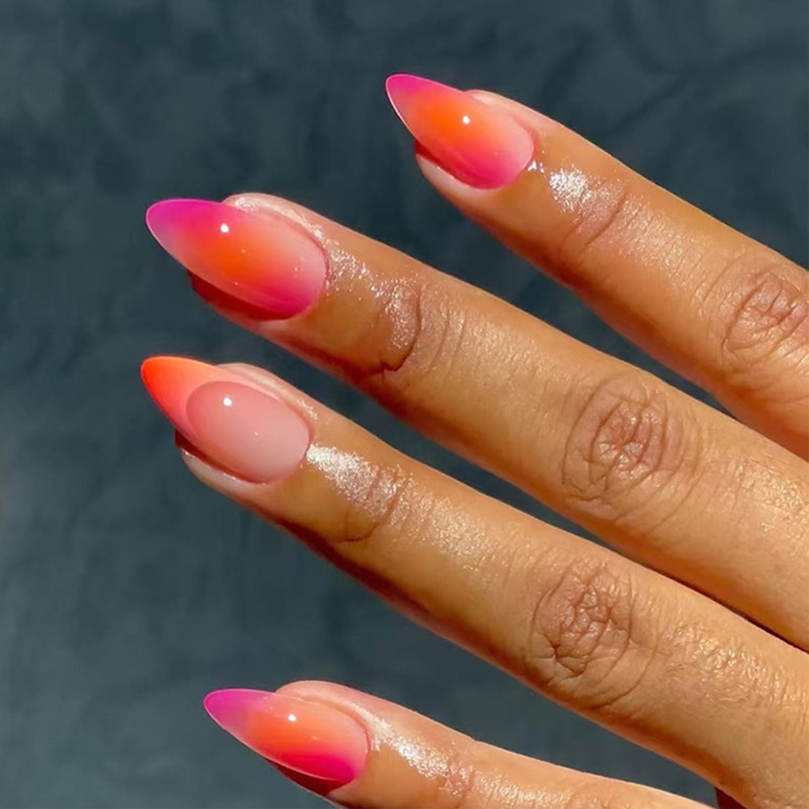 Press on Nails Short Almond Fake Nails Orange Pink Ombre French Tips False Nails Gradient Glossy ... | Amazon (US)