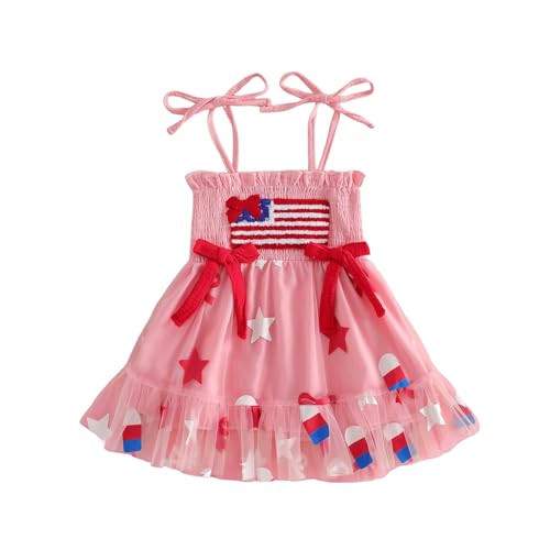 Rarjuiey Toddler Girl 4th of July Outfit American Flag Embroidered Tie-Up Dress Smocked Fourth of July Baby Girl Outfit (American Flag Pink, 3-4 Years) | Amazon (US)
