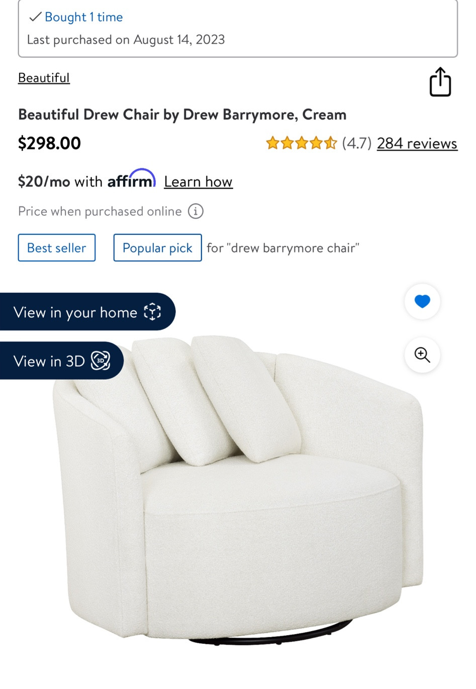 Just bought this swivel chair from drew Barrymore line to add to our book nook and I will literally be counting down the days till it shows up! #walmartfind #homedecor #booknook #furniture 