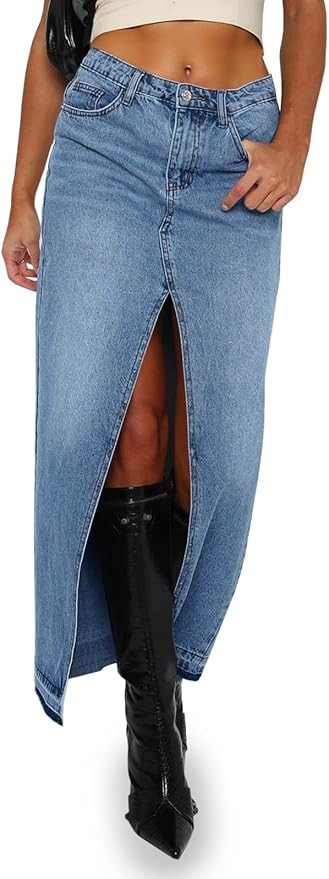 Fisoew Women's Long Denim Maxi Skirts High Waisted Frayed Hem Western Split Jean Skirt Streetwear | Amazon (US)