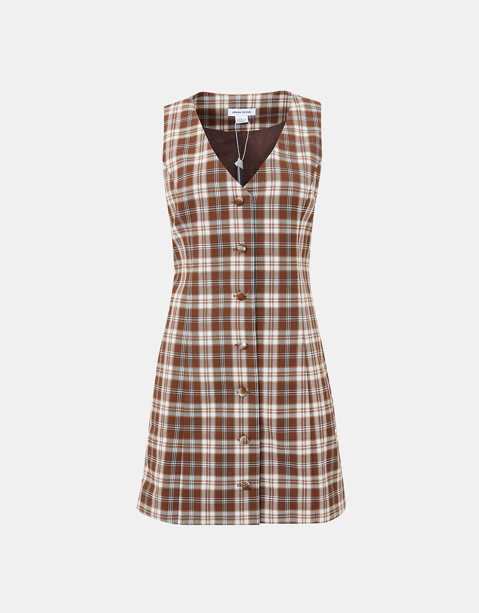 Plaid Button Front Sleeveless Dress | Urban Revivo