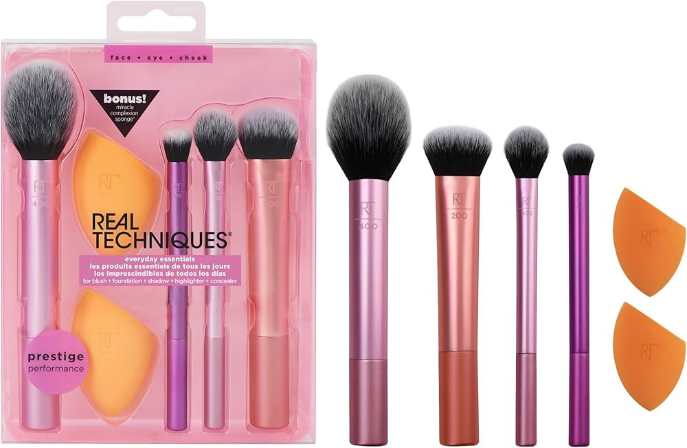 Real Techniques 6 Piece Everyday Essentials Makeup Brush Set, Includes 4 Brushes & 2 Makeup Spong... | Amazon (US)