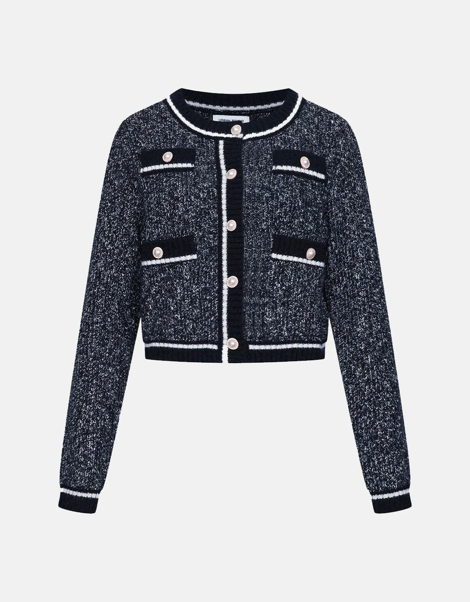 Contrast Trim Faux Pearl Button Cardigan | Urban Revivo