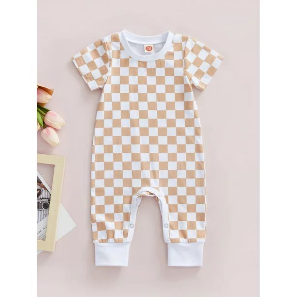 Eyicmarn Baby’s Casual Short Sleeve Jumpsuit Fashion Checkerboard Printed Round Neck Long Rompe... | Walmart (US)