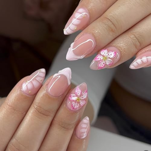 3D Press on Nails Pink Flowers & Alligator Design Short Almond Fake Nails French Tip False Nails Full Cover Glossy Spring Summer Stick on Nails for Women 24PCS | Amazon (US)