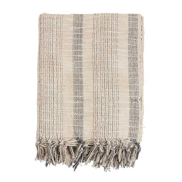 Stripes and Fringe Cream Throw Blanket | Kirkland's Home