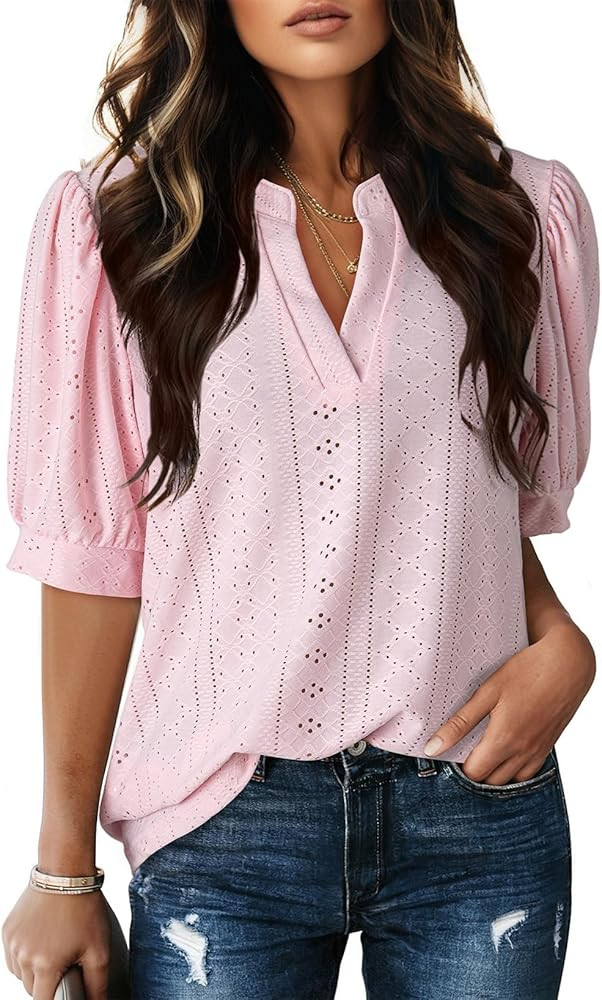 Dokotoo Womens Summer Business Casual Blouses V Neck Short Sleeve Shirts Hollow Out Cute Lace Top... | Amazon (US)