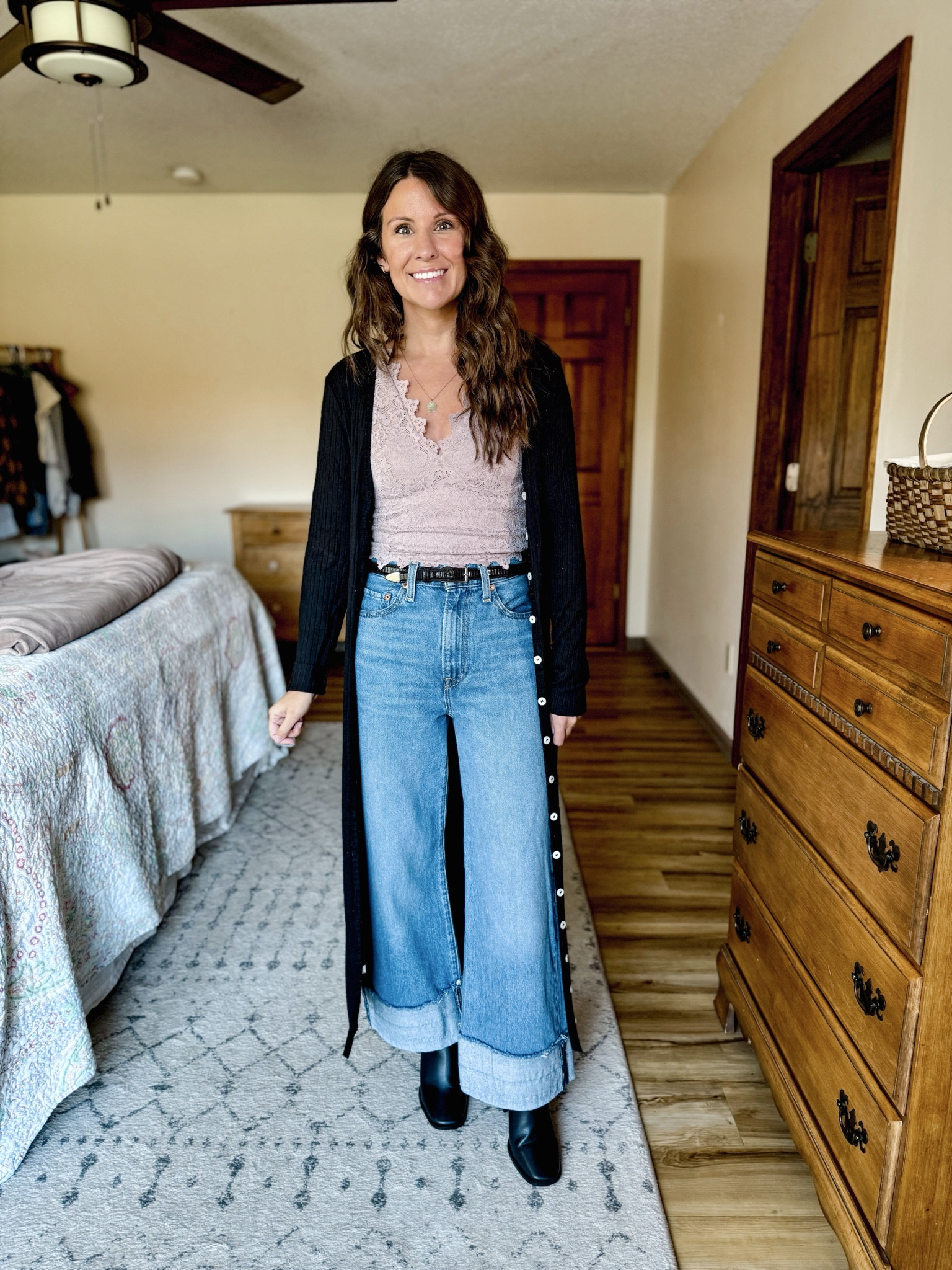 Wearing size small in my lace top and my cardigan/dress is older so I linked similar ones. 
My Levi jeans are size 25 and I cuffed them myself. I also linked similar ones. My boots are size 6.5. 

#LTKHoliday #LTKPetite #LTKFindsUnder100