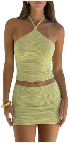 GORGLITTER Women's Sexy 2 Piece Set Halter Backless Top and Bodycon Mini Skirt Set Club Summer Be... | Amazon (US)