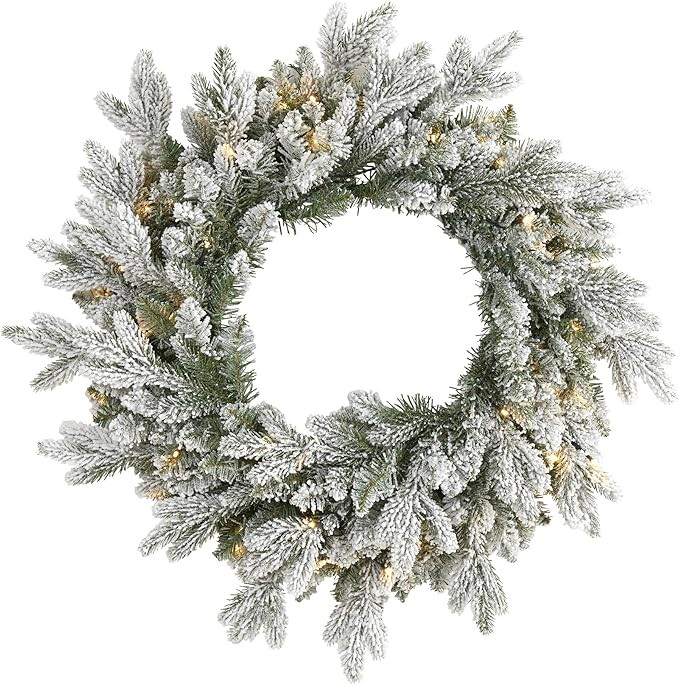 Nearly Natural 24in. Flocked Artificial Christmas Wreath with 50 LED Lights | Amazon (US)