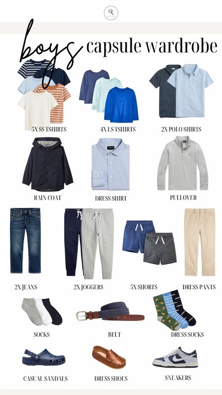 Boys capsule wardrobe. Here is a list of recommended items with the number I suggest for each! Remember this is a jumping off point and you should go through your kids clothes and see what they have first before heading to the store.

5x Short Sleeve Tshirts // I recommend a mix of graphic and plain Tshirts.

4x Long Sleeve Tshirts // I recommend a mix of plain and stripe

2x polo shirts // solid blues work well here

Jackets // Windbreaker or rain coat and a pullover 

2x Denim // I recommend one dark and one light. We love target jeans and HM for our boys. 

2x Joggers in grey and navy

5x shorts // I recommend navy, khaki and grey as a base and then fill in with color and pattern for the remaining 3.

1x Dress pants // I love Jcrew for my joys.

Shoes // casual sandals that can get wet like keens, crocs or natives Dress shoes (we love loafers!) and sneakers.

Accessories: An easy to adjust belt, socks for sneakers and socks for dress shoes. 

Spring outfits, kids outfits, outfits for boys, boys capsule wardrobe, kids capsule wardrobe, spring capsule wardrobe, boys outfits

#LTKfamily #LTKSpringSale
