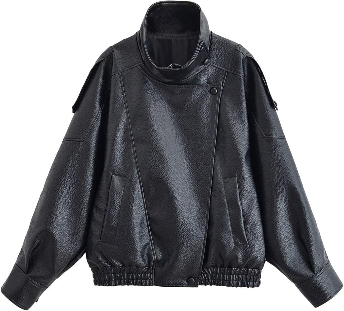 Women\u2019s Oversized Faux Leather Jacket Casual High Collar Long Sleeve Zip Up Fall Fashion Mot... | Amazon (US)