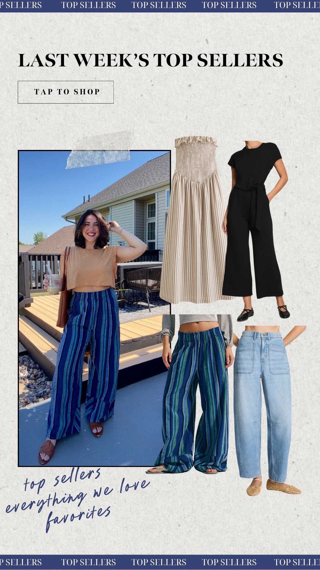 Last weeks top sellers! Abercrombie strapless dress (on sale!), striped FP linen pants, spanx jumpsuit & spanx lightweight jeans!

#LTKSeasonal #LTKootd #LTKMidsize