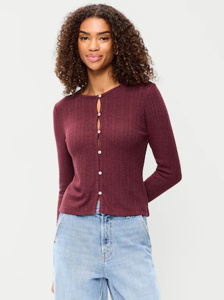 Long-Sleeve Button-Front Pointelle Top | Old Navy (US)