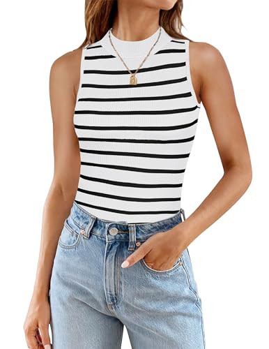 ZESICA Womens Ribbed Tank Tops High Neck Slim Fitted Striped Basic Casual Summer Sleeveless Shirt... | Amazon (US)