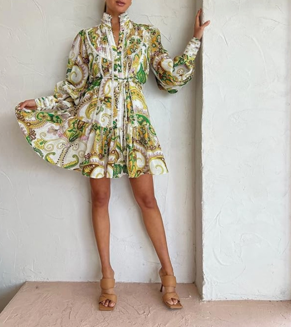  Women A-Line Lace Loose Baroque Button Down Long Sleeve Casual Dresses V Neck Embroidery Party Short Dress