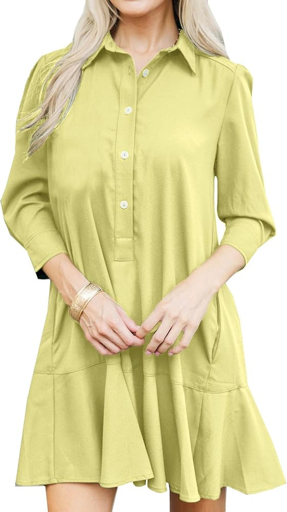 YEXPINE Women's Tunic Mini Shirt Dress Cotton Linen Long Sleeve Button Up Ruffle Hem Loose Casual... | Amazon (US)