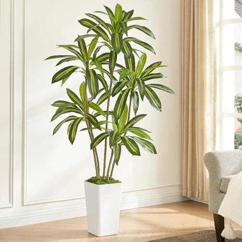6FT Artificial Dracaena Tree with White Planter and Fake Moss - Real Touch Faux Plant for Home & ... | Amazon (US)