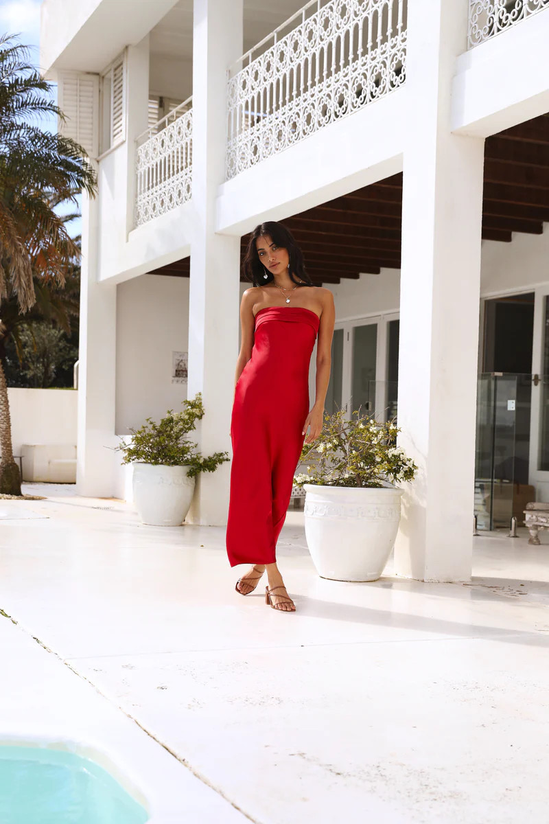 Gleam In Gold Maxi Dress Red | Fortunate One
