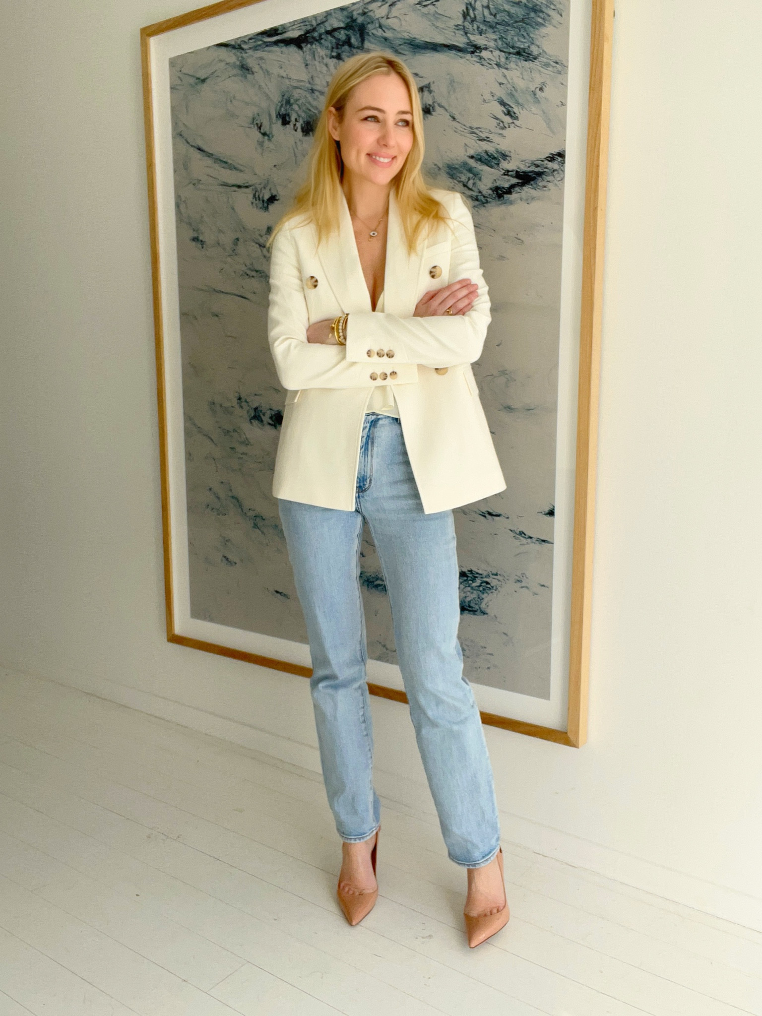 A timeless cream blazer with jeans. Polished, professional and never out of fashion. Wearing a size 4 Blazer, size 6 jean. Closed toe pump with cami underneath. 

#LTKaustralia #LTKover40 #LTKfindsunder50