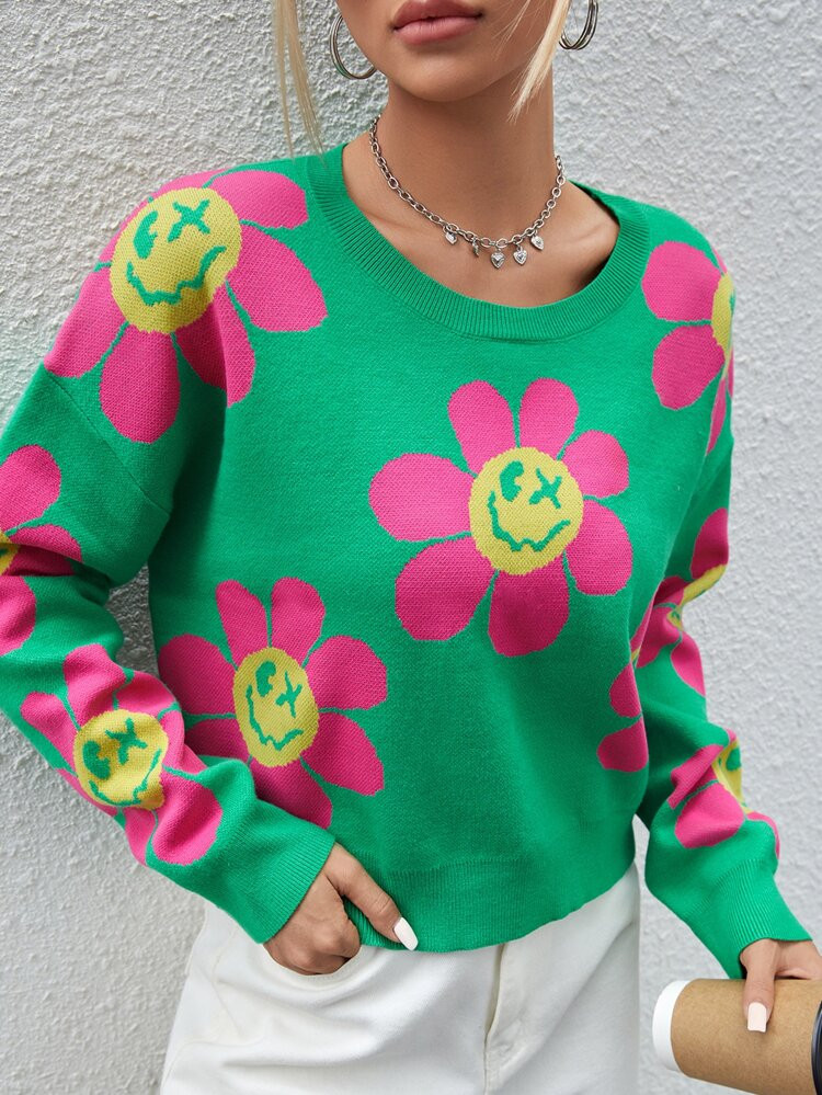 SHEIN Unity Floral Pattern Drop Shoulder Sweater | SHEIN