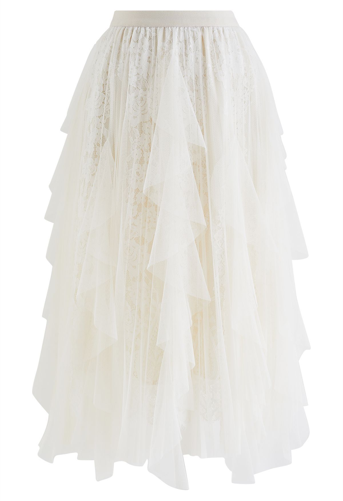 Floral Lace Ruffle Mesh Tulle Skirt in Ivory | Chicwish