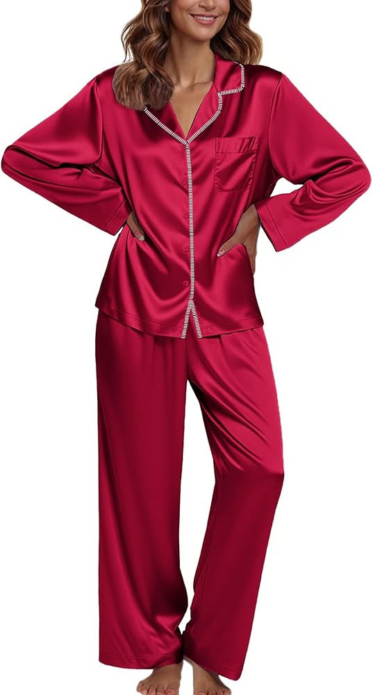 Ekouaer Pajamas For Women Set Silk Pjs 2 Piece Satin Sleepwear Long Sleeve Button Down Lounge Set... | Amazon (US)