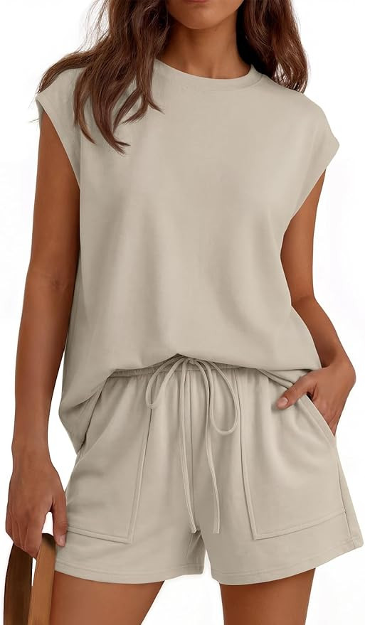 LILLUSORY Womens Crew Neck Cap Sleeve Drawstring Two Piece Summer short Sets Sweatsuit with Pocke... | Amazon (US)