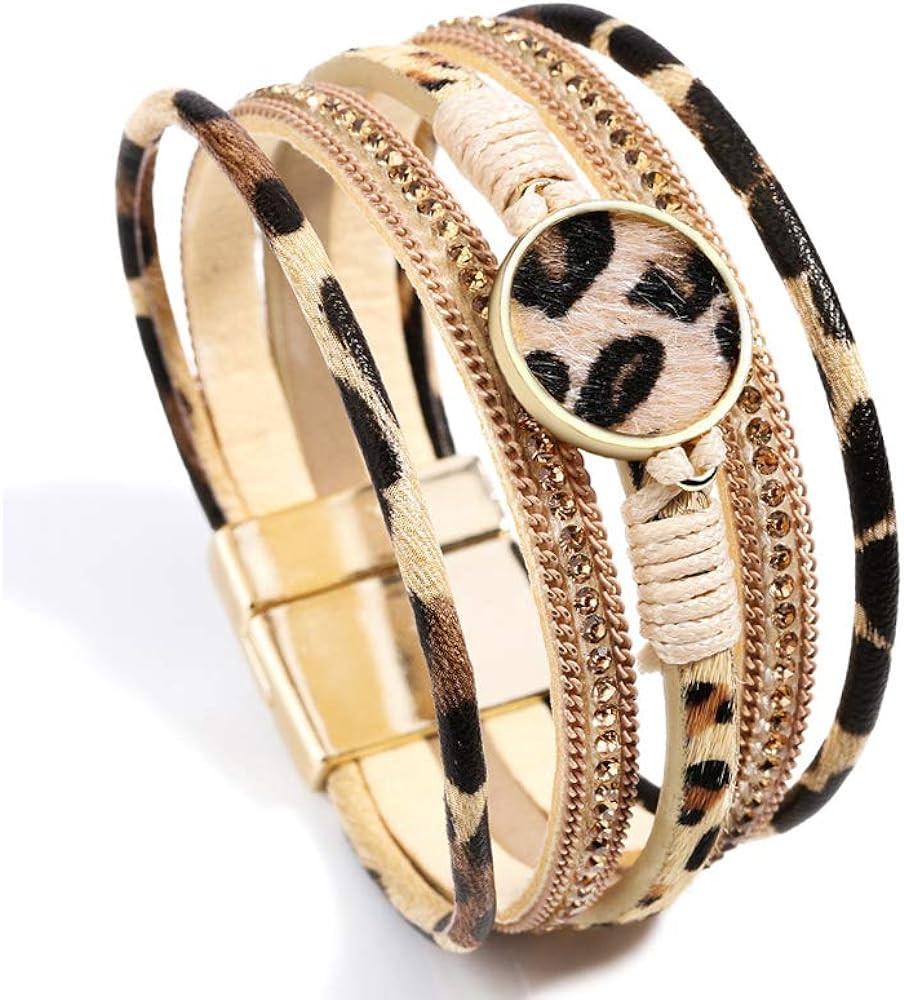 Fesciory Leopard Bracelet for Women, Boho Leather Wrap Multi-Layer Pearl Crystal Bracelet Bangle ... | Amazon (US)