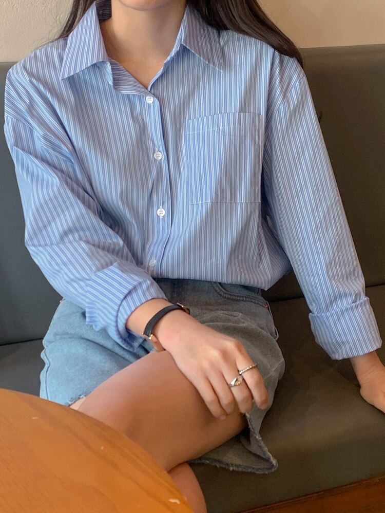 DAZY Vertical Striped Patched Pocket Drop Shoulder Shirt | SHEIN