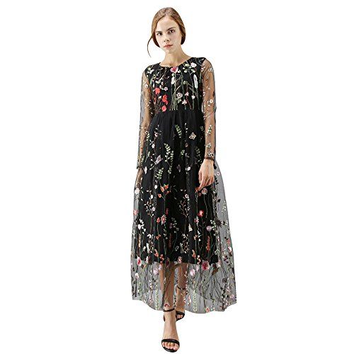Chicwish Women 's Floral Embroidery Flower Maxi Black Mesh Tulle Tutu Dress X-Small | Amazon (US)