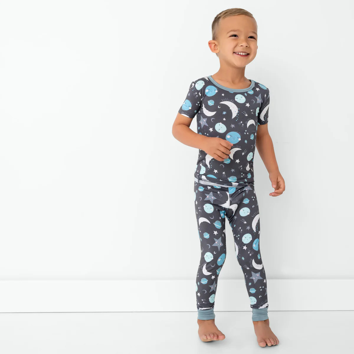 Blue To the Moon & Back Two-Piece Short Sleeve Pajama Set | Little Sleepies