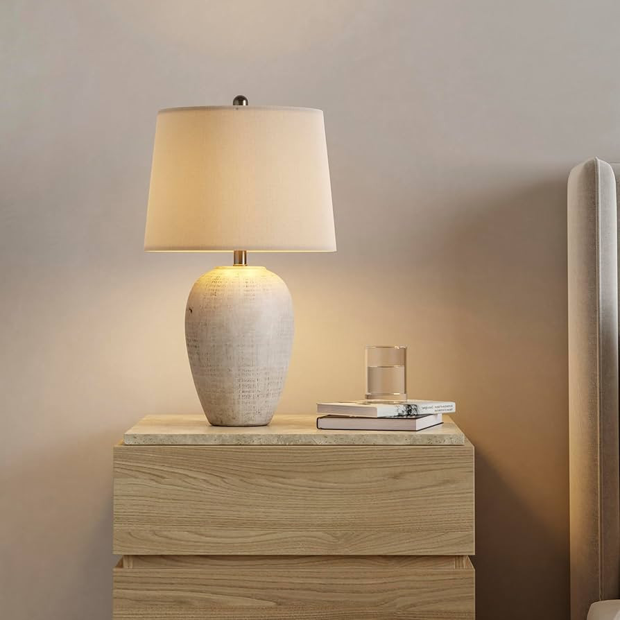Nourison Home 23" Distressed Cream/Beige Rustic Ceramic Jar Table Lamp for Bedroom, Living Room, ... | Amazon (US)