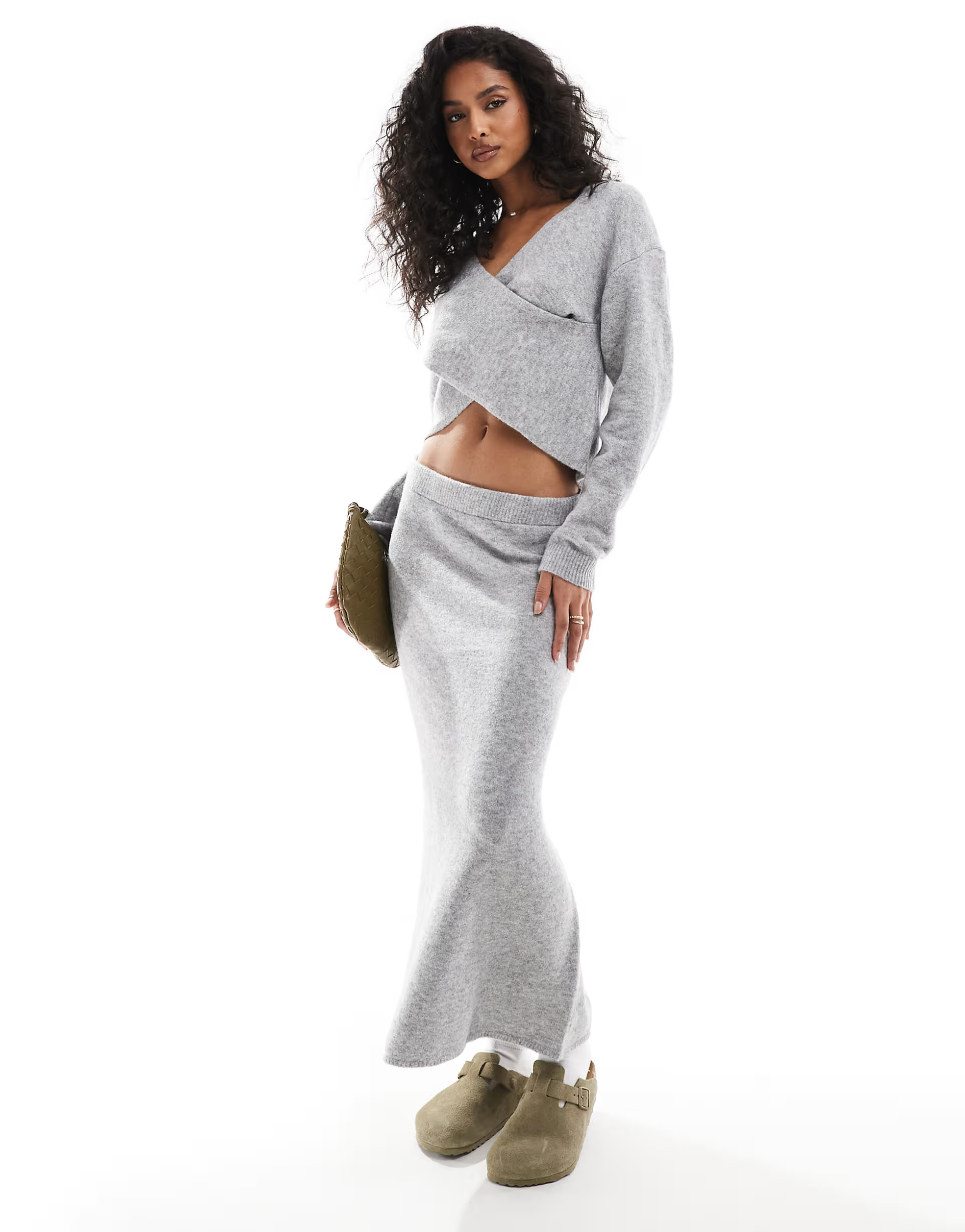 Pieces knitted wrap front jumper and maxi skirt set in light grey | ASOS (Global)