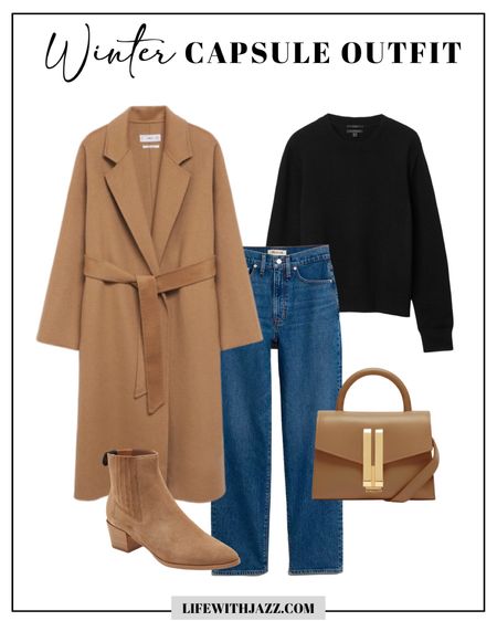 Winter capsule outfit 

Camel coat xs
Cashmere sweater 
straight leg jeans - I size down in madewell jeans 
Camel leather bag 
Rover chelsea boots 

Classic outfit / winter staples / workwear