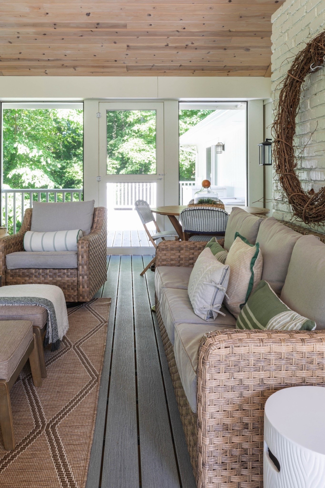 Outdoor living at its finest 🌿 Wicker armchairs with plush cushions, bolsters, and striped green pillows surround a sleek rectangular coffee table styled with a woven tray. A pair of upholstered stools and a neutral rug add comfort, while a rattan egg chair, woven baskets, and oversized lanterns complete the cozy vibe. The white painted brick fireplace with a wood mantel and framed floral artwork ties it all together beautifully. ✨

#OutdoorLiving #WickerFurniture #GreenPillows #CoffeeTableStyling #WovenTray #UpholsteredStools #NeutralRug #EggChair #LanternDecor #BrickFireplace #eanesinterios



#LTKHome #LTKdayinmylife #LTKvlog