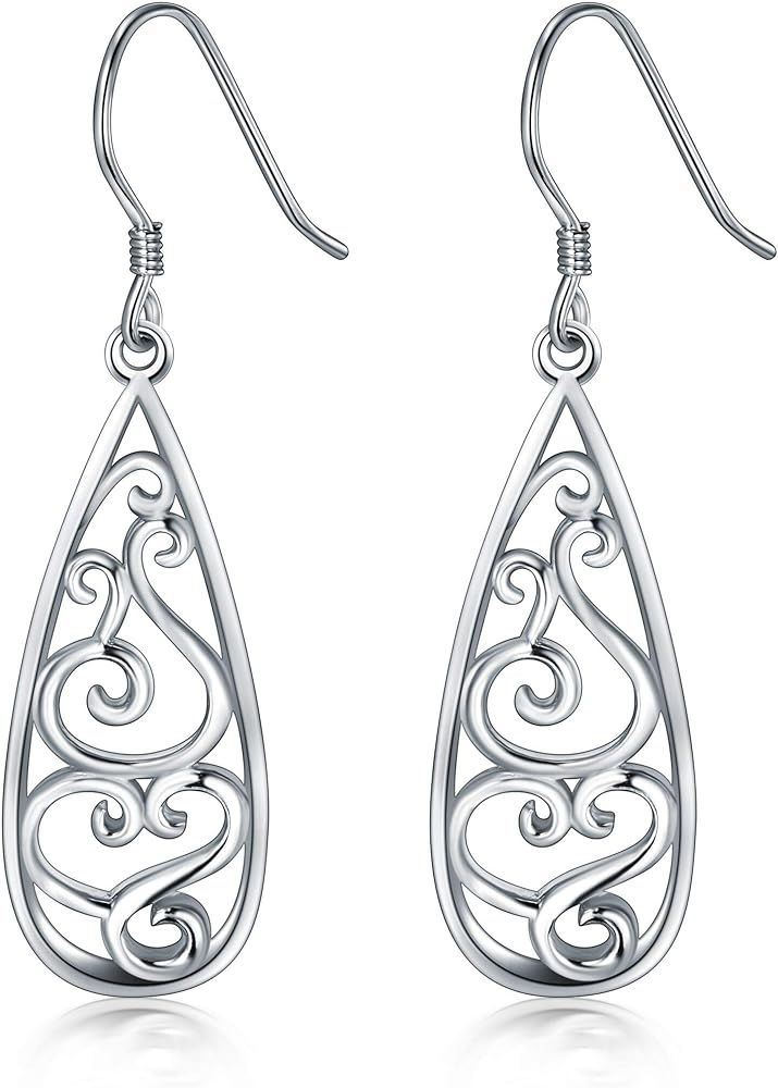 925 Sterling Silver Earrings, BoRuo Filigree Teardrop Earrings | Amazon (US)