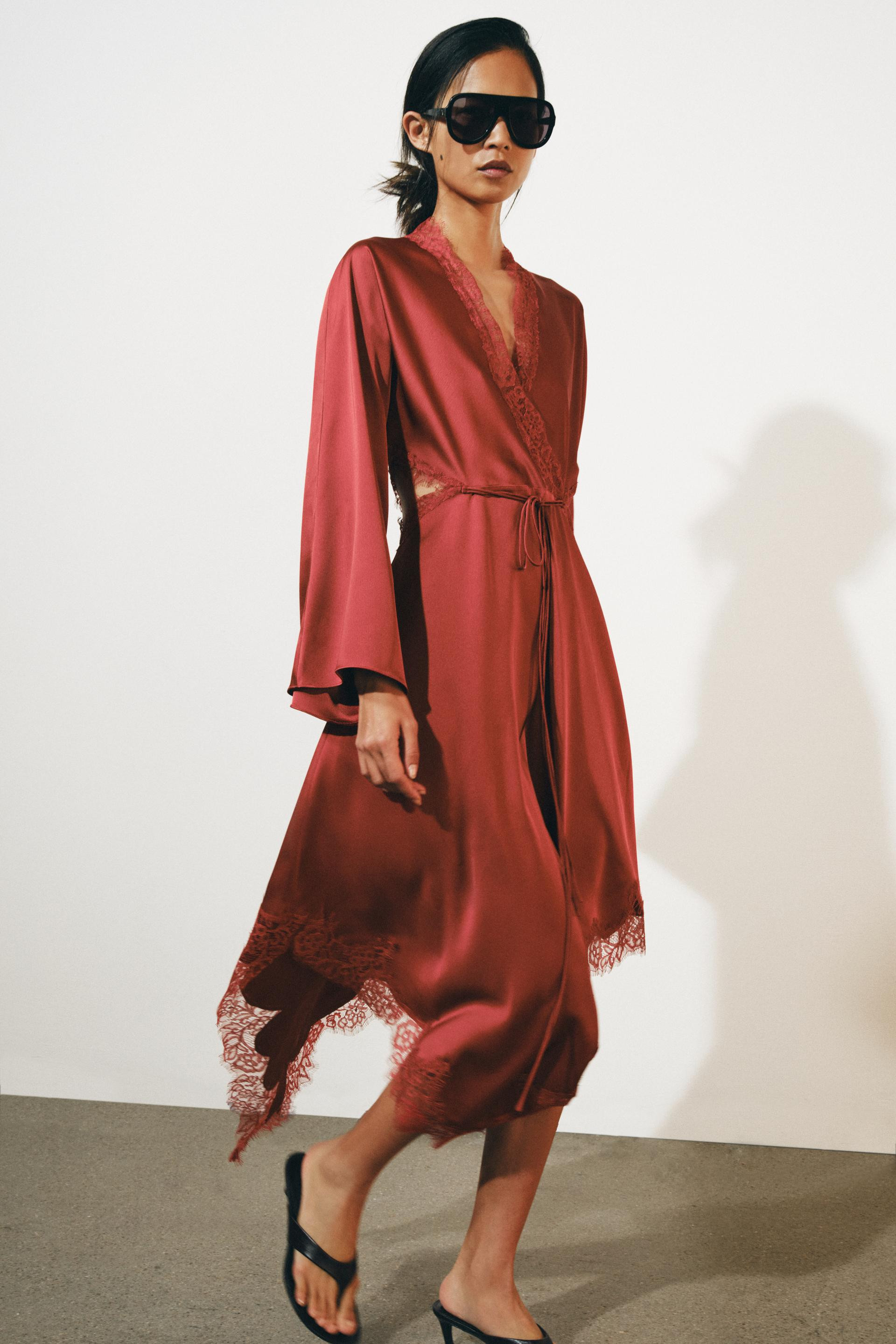 Zara - Zw Collection Satin Lace Dress - Dark Red - Xs - Woman | Zara US