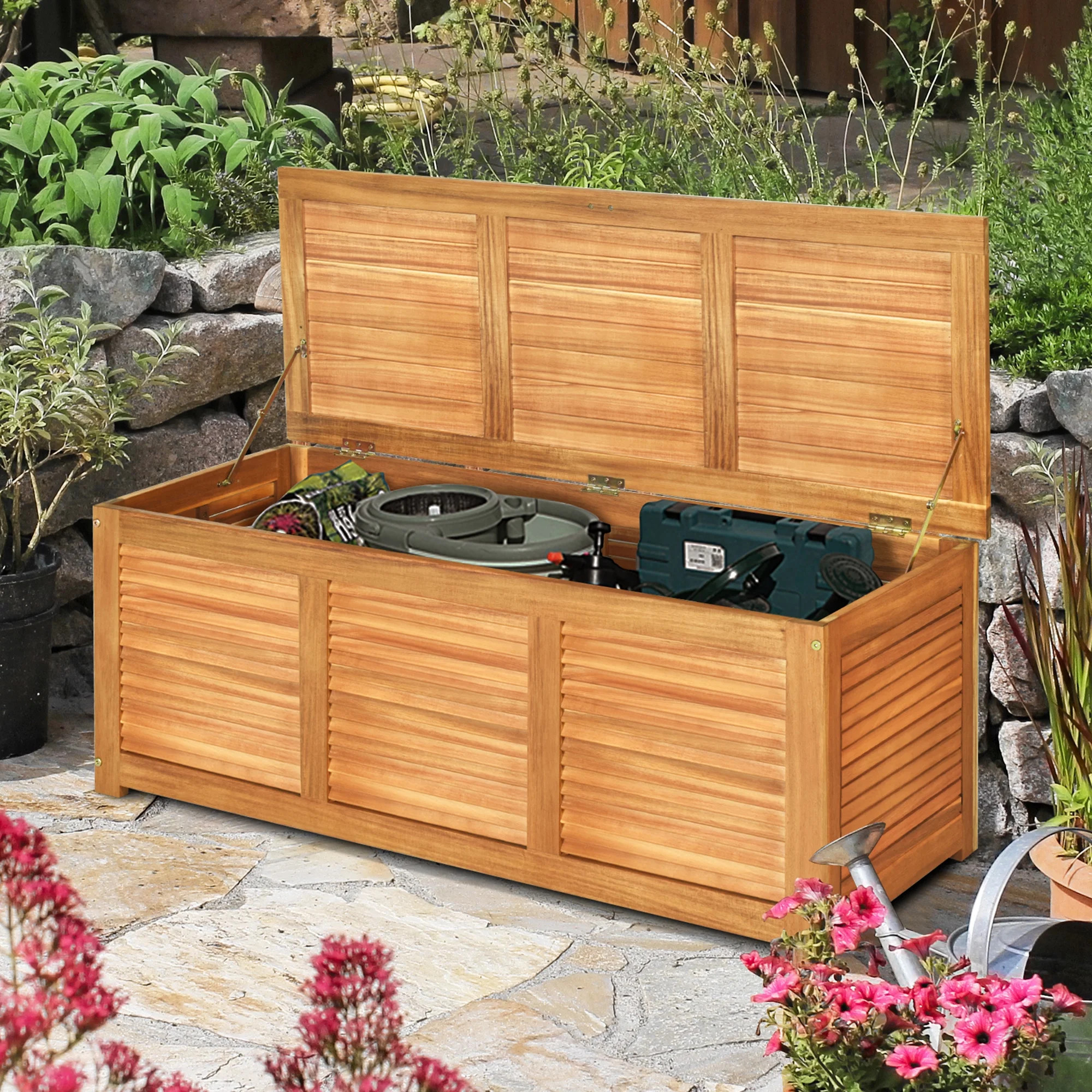 Gymax Acacia Wood Deck Box 47 Gallon Garden Backyard Storage Bench Container | Walmart (US)