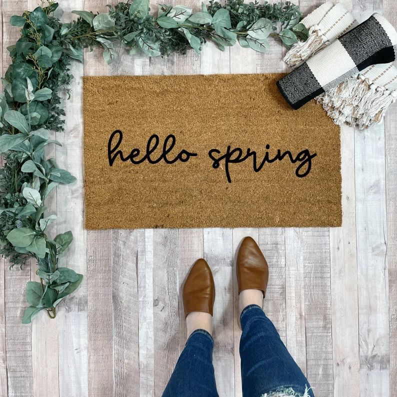hello spring Doormat / Outdoor Welcome Mat / boho doormat / Easter Decor / Unique Gift / Bunny De... | Etsy (US)