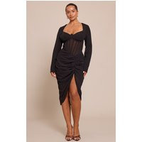 Shape Black Long Sleeve Corset Detail Ruched Midi Dress | PrettyLittleThing US
