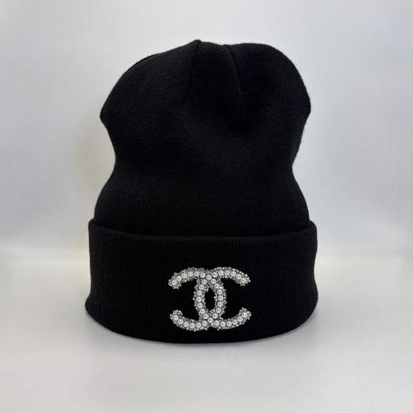 NEW Black Satin lined Beanie with (Silver) Pearl/Rhinestone Logo. | Poshmark