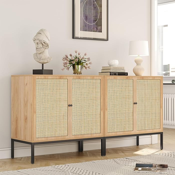 Yechen Set of 2 63" Sideboard Cabinet with Natural Rattan Doors, Buffet Console & Accent Cabinet,... | Amazon (US)