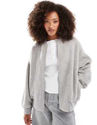 ASOS DESIGN teddy fleece bomber sweatshirt in gray | ASOS (Global)
